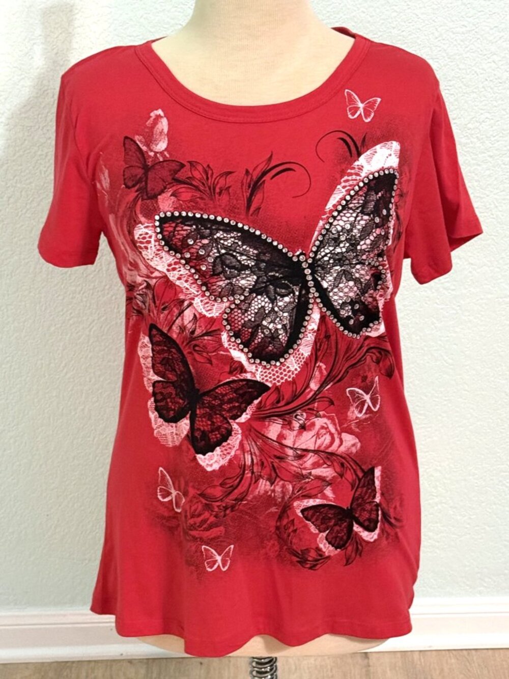 Vintage Y2K Junior Large Butterfly Baby Tee USA Made McBling Crystals Red NWOT
